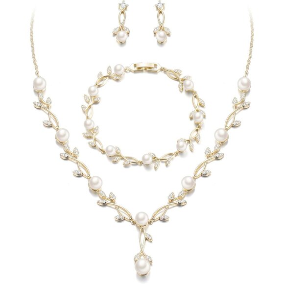 Bridal Cubic Zirconia Jewelry Sets for Women White Simulated Pearl Leaf Vine Pe